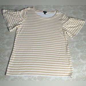 AnnTaylor Factory Women’s Large White Blouse YellowOrange Striped Puff Sleeve
